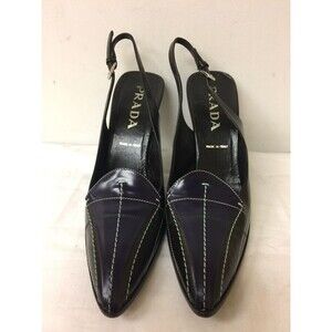 Prada Women Leather Brown purple  Accent Pointed Toe Slingback heels SZ 37.5